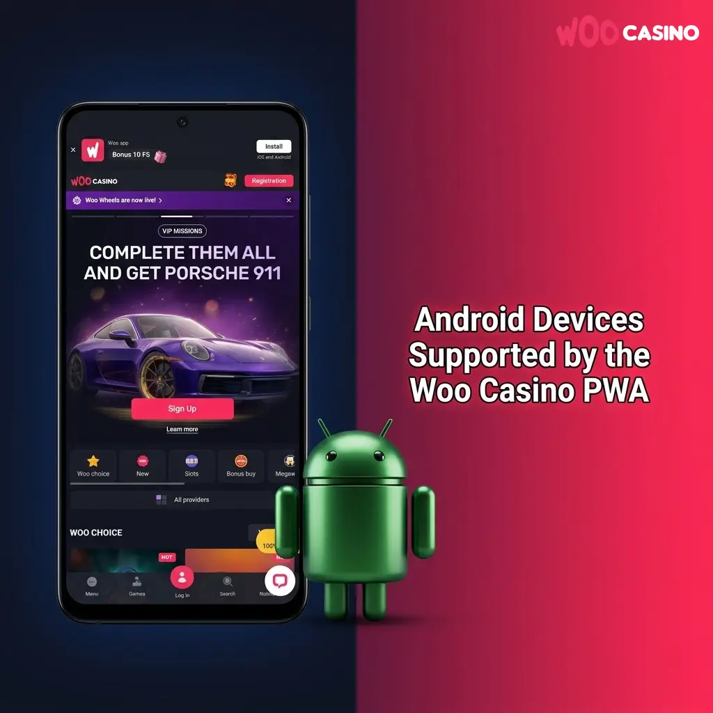 Android devices compatible with Woo Casino PWA including Samsung Galaxy, Google Pixel, OnePlus, Xiaomi, Oppo and Motorola models