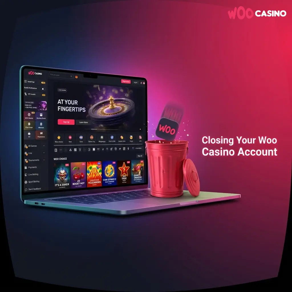 Steps to close your Woo Casino account or self-exclude, including settings navigation and contacting support for closure requests