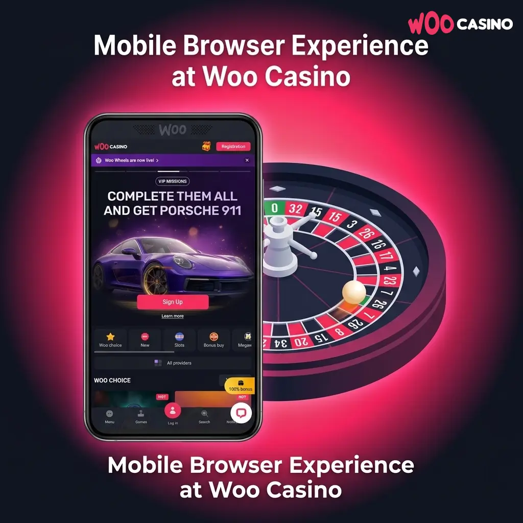 Woo Casino mobile browser interface displaying responsive design across iOS and Android smartphones and tablets
