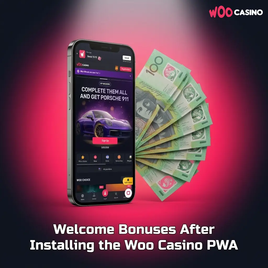 Woo Casino PWA welcome bonus package up to 6,500 AUD plus 200 Free Spins for new Australian players