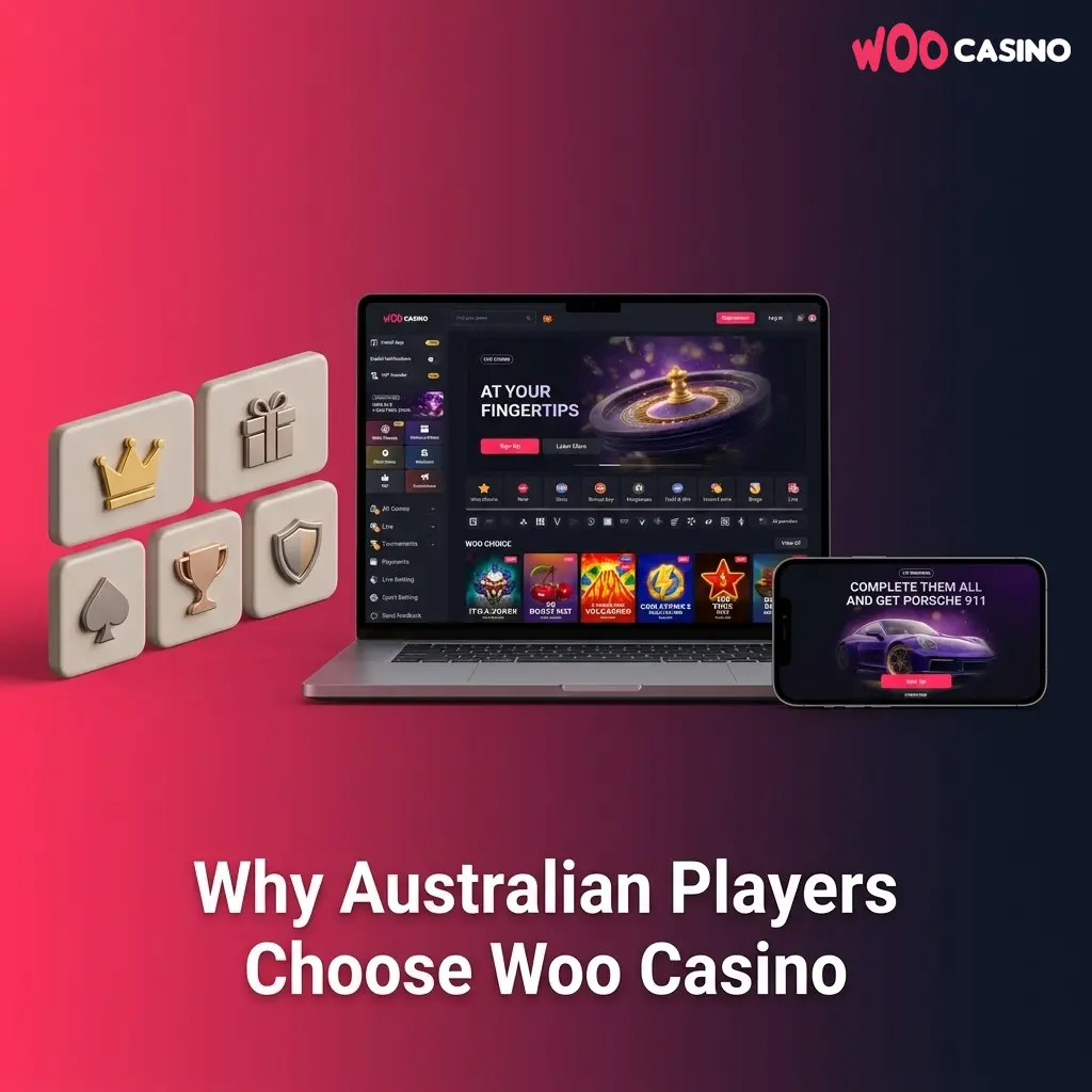 Woo Casino features for Australian players including AUD accounts, 200% welcome bonus, crypto payouts, and 5000+ games