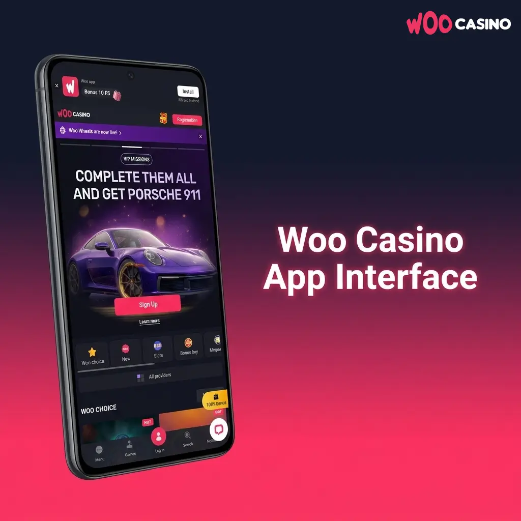 Woo Casino app dark-themed mobile interface with pink and white accents showing Casino, Live Casino, Sports and Promotions sections