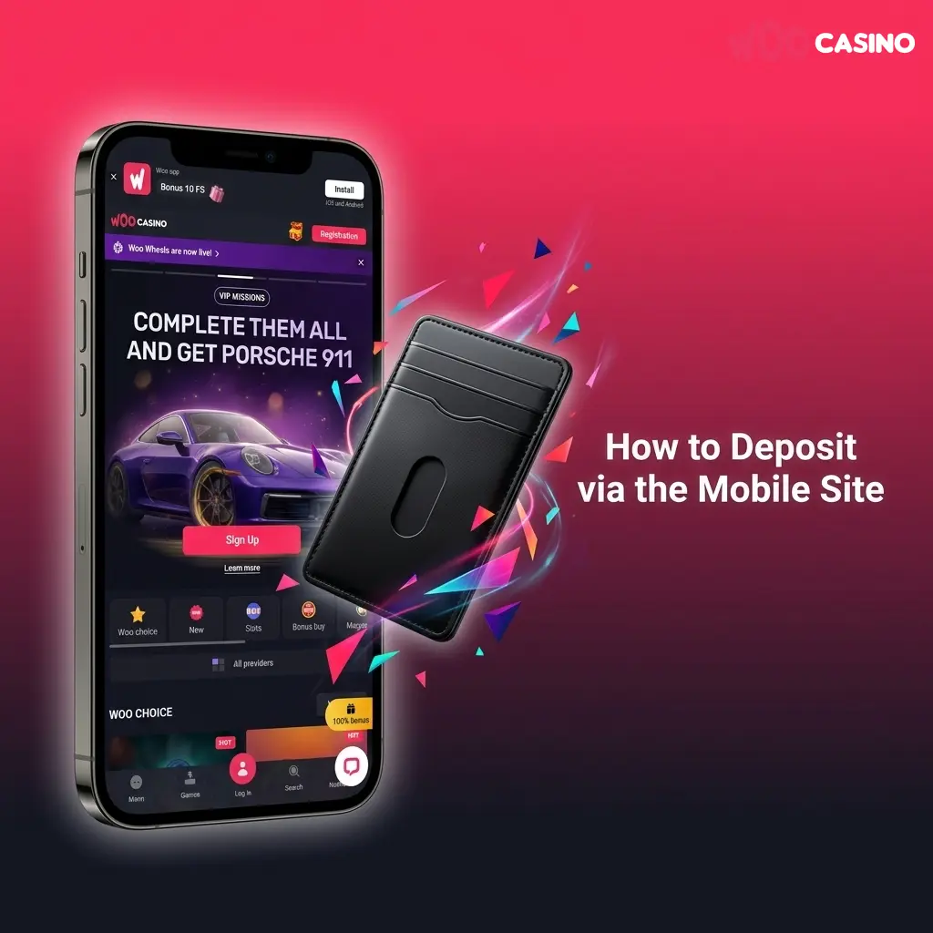 Woo Casino mobile deposit steps showing cashier menu with payment options like Visa and Bitcoin in AUD